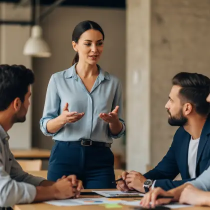 A diverse group of women engaged in discussion around a conference table, showcasing their strong communication skills.